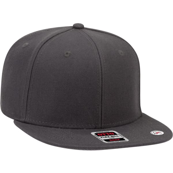 A grey 6 panel mid profile snapback cap featuring a flat brim and an adjustable snapback closure.