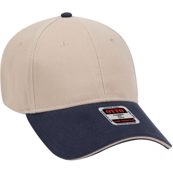 A low profile baseball cap featuring a beige crown and a navy blue brim, with a logo on the front.
