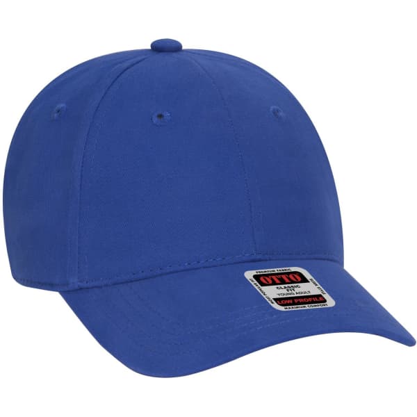 A blue 6 Panel Low Profile Baseball Cap with a logo on the front.