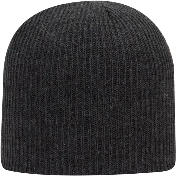 A black rib knit beanie with a snug fit and vertical ribbing, featuring a logo on the side.
