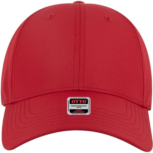 A red six-panel low-profile baseball cap featuring a branded label on the front.