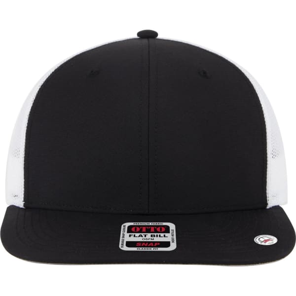 A black and white 6 panel mid profile trucker cap with a flat bill and a logo on the front.