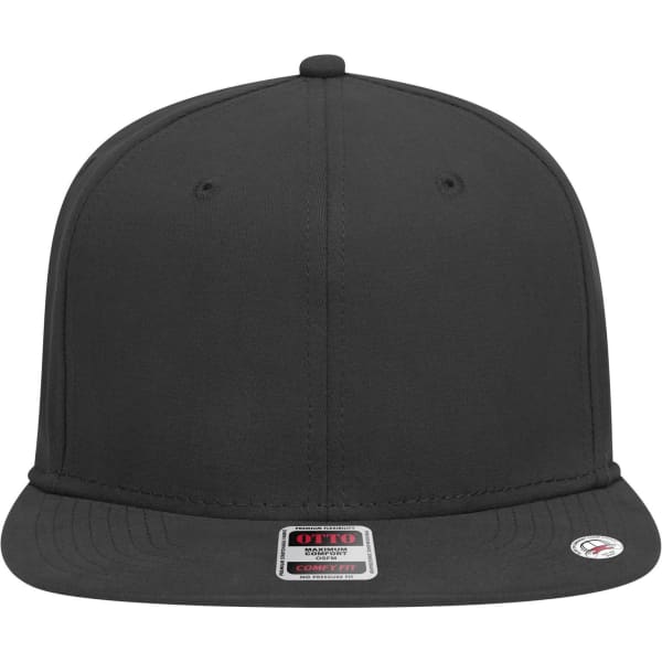 A black 6 panel mid profile snapback cap with a front peak and a logo.