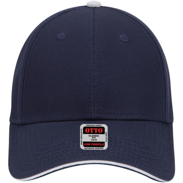 A low profile six-panel baseball cap in navy blue, featuring a label and white detailing.