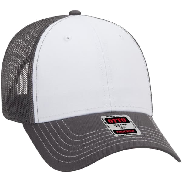 A grey and white 6-panel low profile trucker cap with a mesh back and a logo badge on the front.