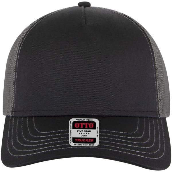A black 5 panel low profile trucker cap with a grey mesh back and a branded label on the front.