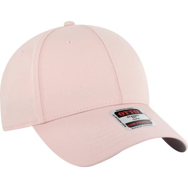 A pink 6-panel low profile baseball cap featuring a branded label on the side.