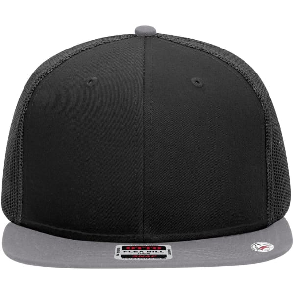 A black and grey 6 panel mid profile trucker cap with a flat brim and a mesh back, featuring a logo.