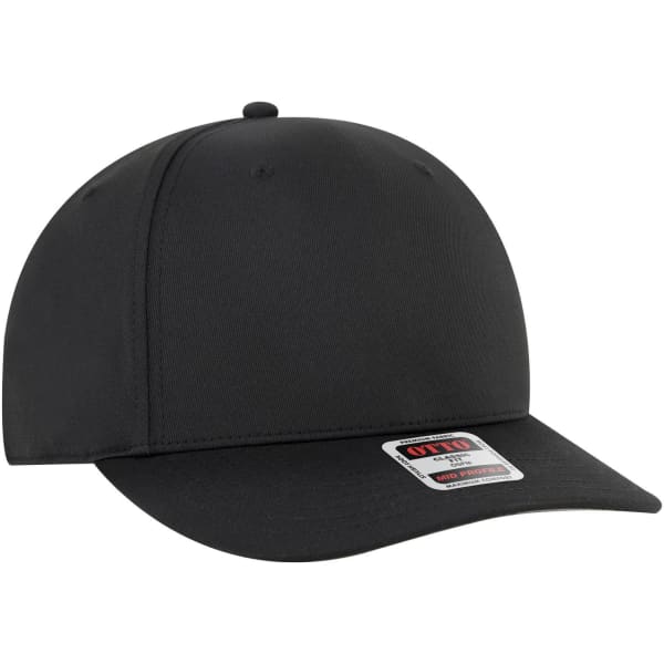 A black seamless six-panel mid-profile baseball cap featuring a logo on the front.