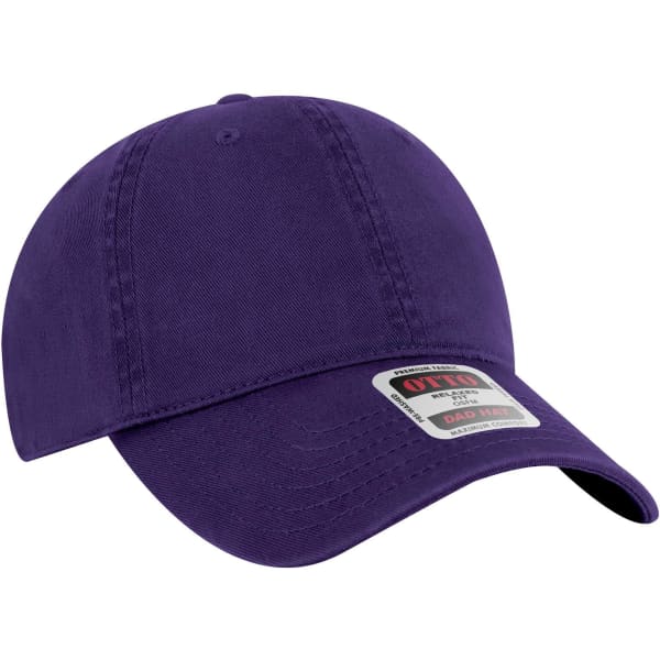 A purple 6 panel low profile dad cap with a curved brim and a logo on the front.