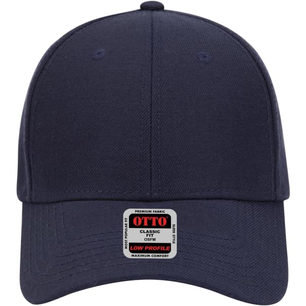 A navy 6-panel low profile baseball cap with a label on the front and a curved brim.