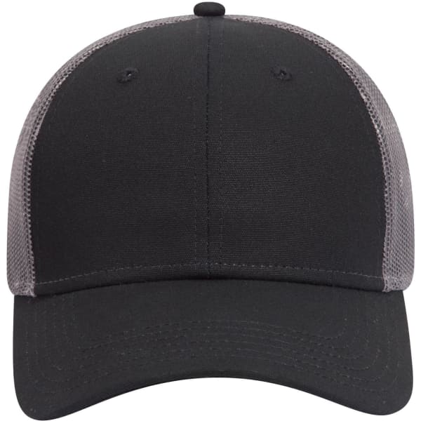 A low profile trucker cap in black with grey mesh panels and a curved brim. It features a logo on the front.