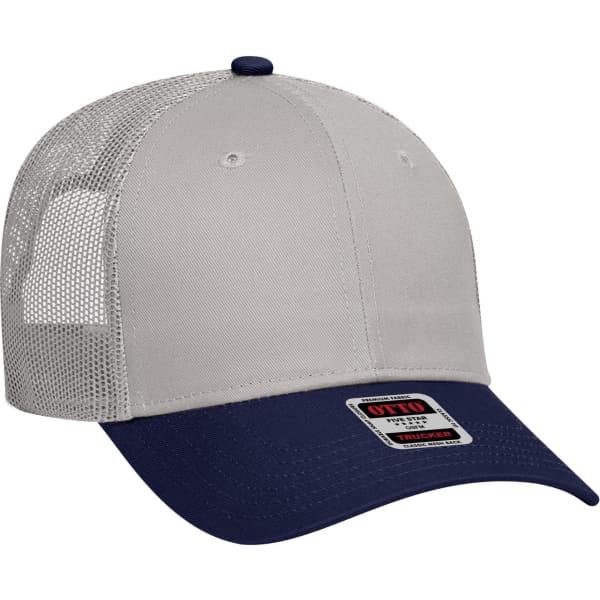 A 6 panel low profile trucker cap in grey and navy blue, featuring a mesh back and a logo on the front.