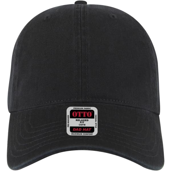 A black 6 panel low profile dad cap featuring a logo on the front. Ideal for casual wear.
