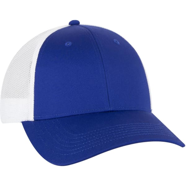 A blue and white 6 panel low profile trucker cap with a mesh back and a logo on the front.