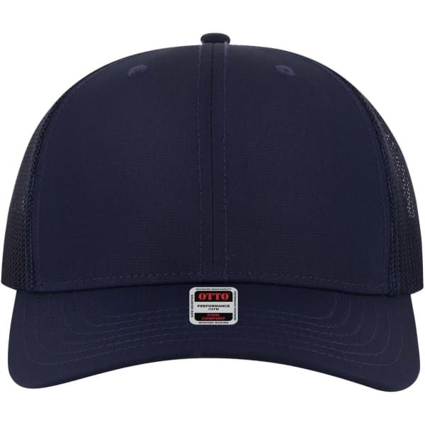 A navy mid profile trucker cap with mesh sides and a small branded logo on the front.