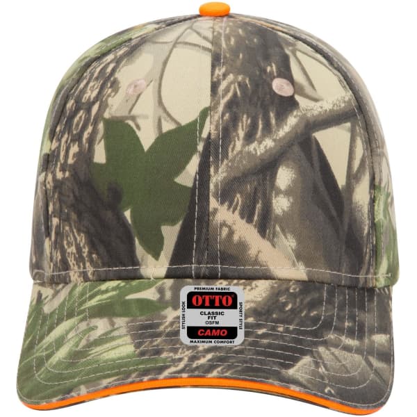 A camouflage baseball cap featuring a low profile design and a logo tag. The cap has earthy tones and patterns.