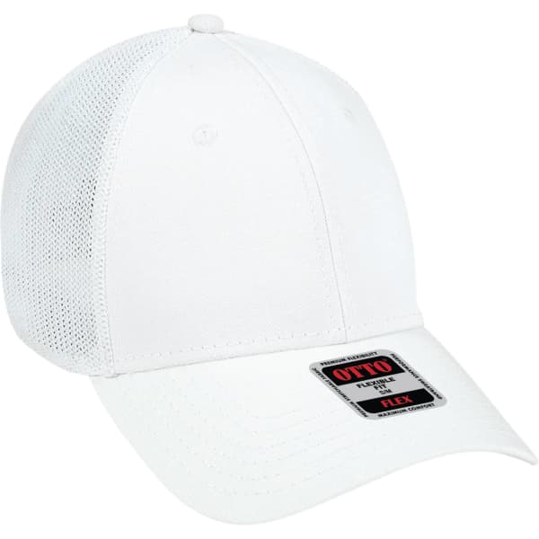 A white 6 panel low profile trucker cap with mesh sides and a branded tag on the front.