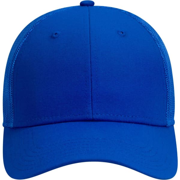 A blue 6 panel low profile trucker cap with mesh sides and a solid front panel, featuring a logo.