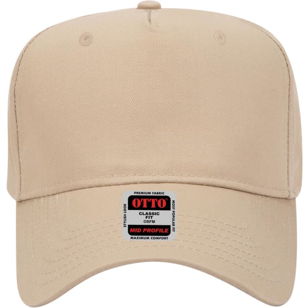 A beige 5 panel mid crown baseball cap with a logo on the front.