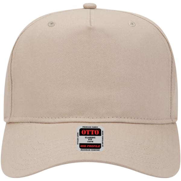 A beige 5 Panel Mid Profile Baseball Cap featuring a logo on the front.