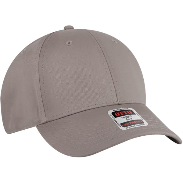 A grey 6-panel low profile baseball cap with a curved brim and a logo on the front.