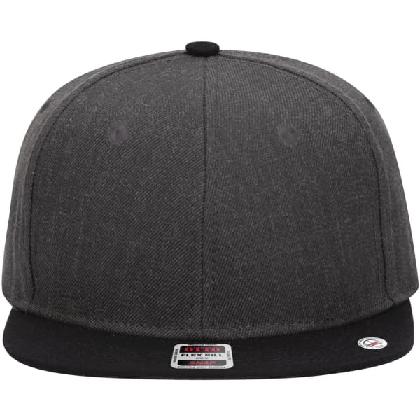 A grey snapback cap featuring a black peak and a mid-profile design. Includes a logo on the front.
