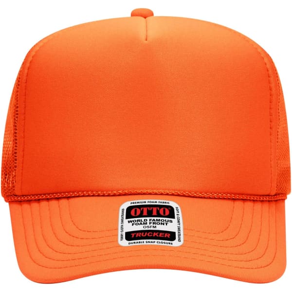 An orange 5 Panel High Crown Trucker Cap with a mesh back and a logo tag on the front.