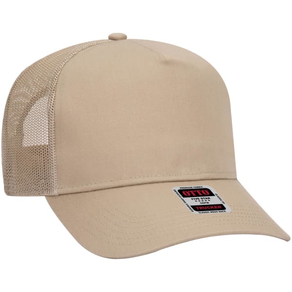 A beige 5-panel mid-profile trucker cap with a mesh back and one logo.
