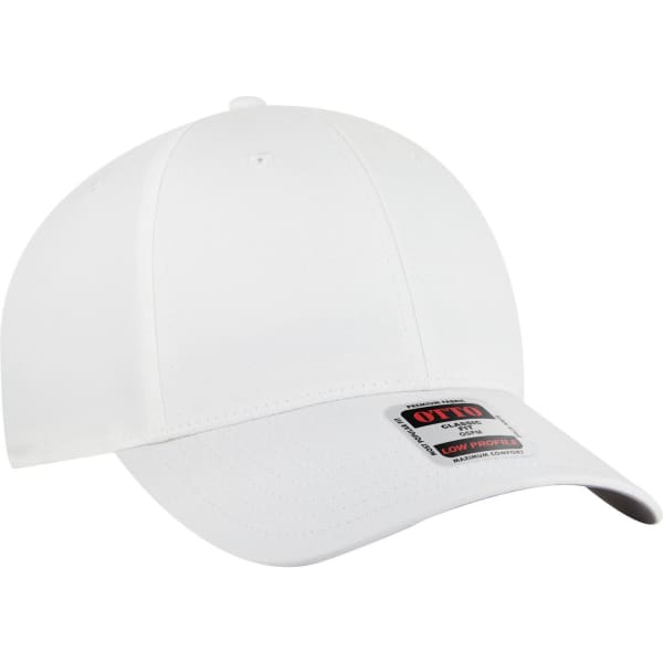 A white 6 panel low profile baseball cap with a curved brim and a branded label on the front.