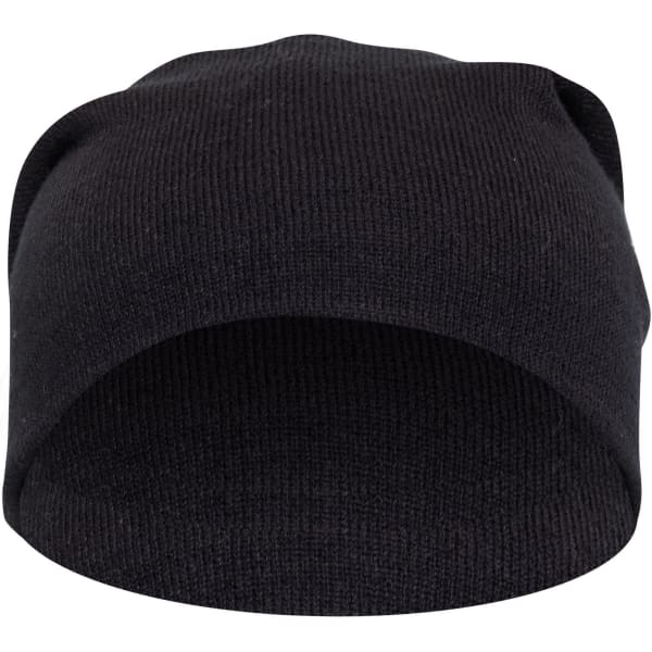 A black slouch beanie with a ribbed texture and a relaxed fit. It features a branding logo.