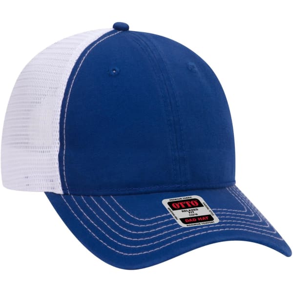 A blue and white 6 Panel Low Profile Trucker Dad Cap with a logo on the front.