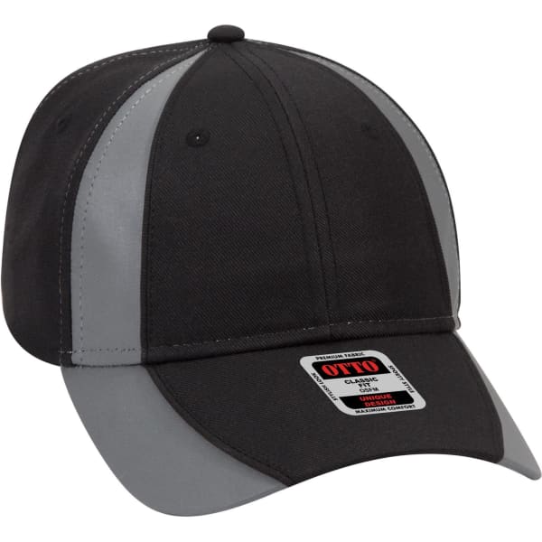 A black and grey six-panel low-profile baseball cap with a logo on the front.