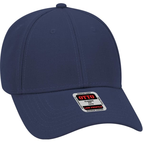A navy 6-panel low profile baseball cap with a logo and a structured front.