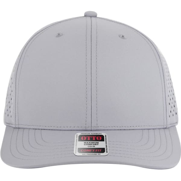 A grey six-panel mid-profile baseball cap with a perforated design and a logo on the front.