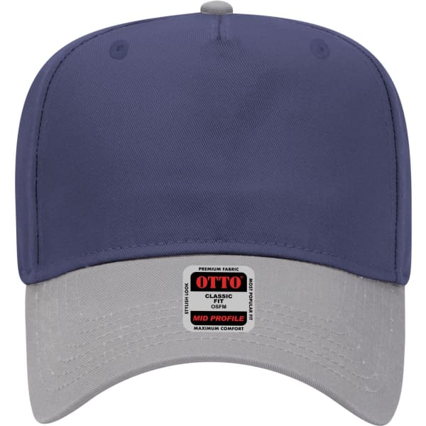 A navy blue 5 Panel Mid Crown Baseball Cap with a grey brim and a logo on the front.