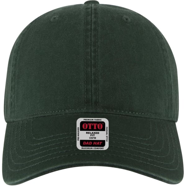 A dark green 6 panel low profile style dad cap featuring a logo on the front and a relaxed fit design.
