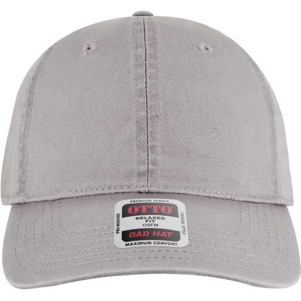 A grey 6 panel low profile dad cap featuring a logo on the front and a relaxed fit design.