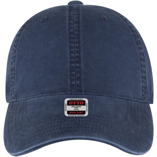 A navy blue 6 panel low profile dad cap featuring a branded tag on the front.