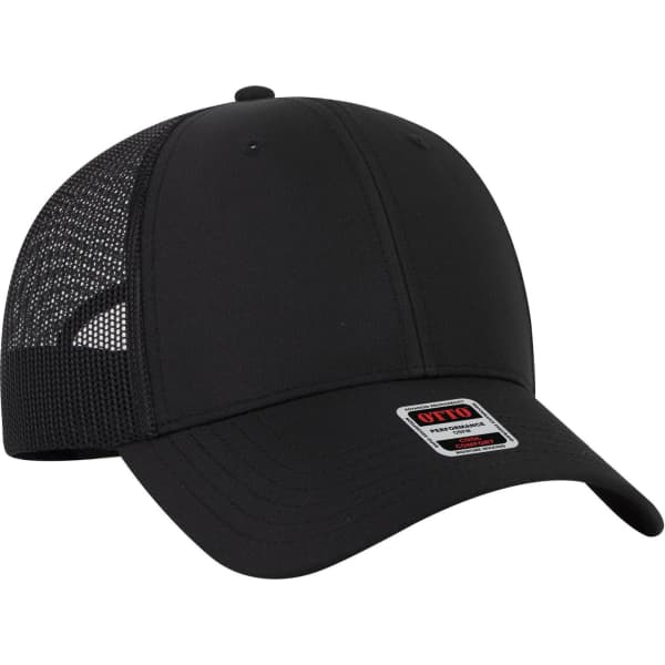 A black low profile trucker cap with a mesh back and a subtle logo on the front.