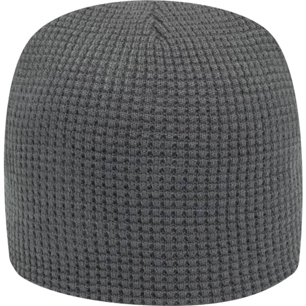 A grey waffle rib knit beanie with a fitted design and a logo on the side.