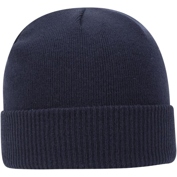 A classic knit beanie in navy blue with a ribbed cuff and a plain upper. It features a branding logo.
