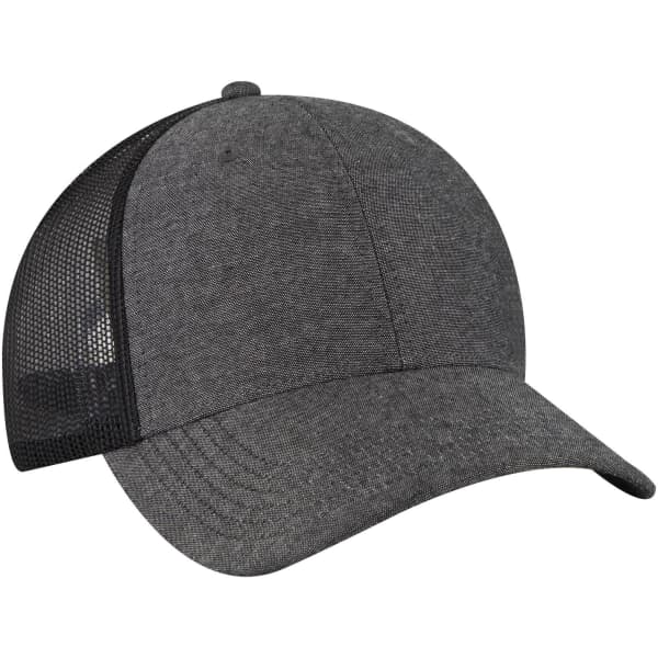 A grey low-profile trucker cap with a black mesh back and a curved brim. It features a logo on the front.