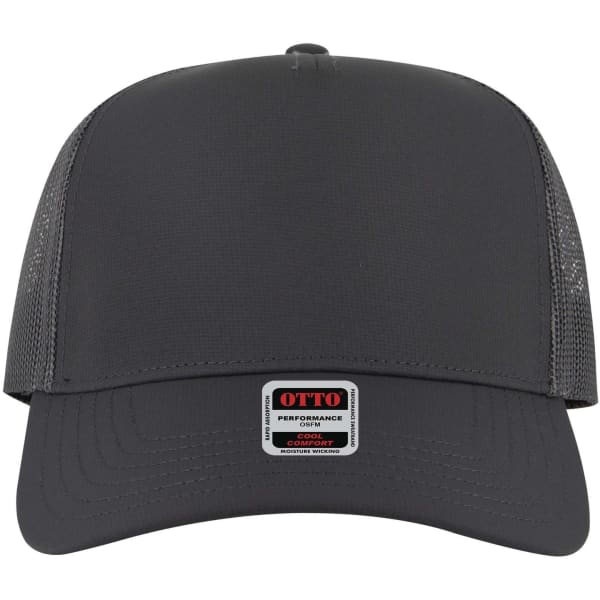 A grey 5 panel mid profile trucker cap featuring mesh sides and a logo on the front.