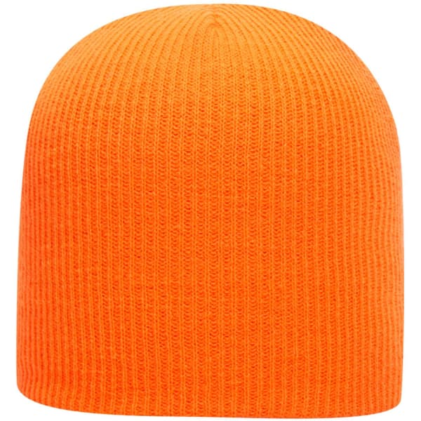 An orange rib knit beanie with a snug fit and a logo on the side.