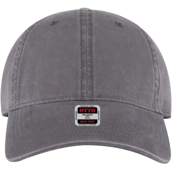 A grey 6 panel low profile dad cap with a front panel and a small logo tag.