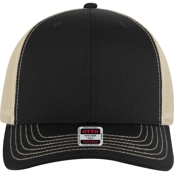 A black and beige 6 panel mid profile trucker cap with a logo on the front and contrasting stitching.