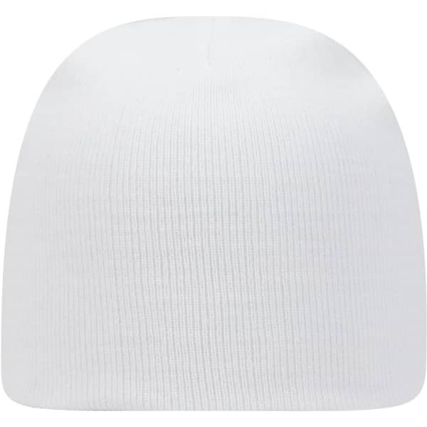 A white classic knit beanie with a ribbed texture and a logo.