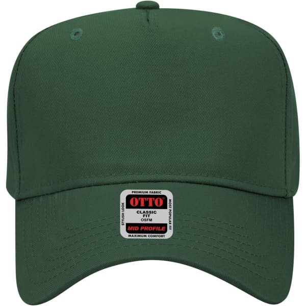 A green 5 Panel Mid Crown Baseball Cap featuring a logo on the front.