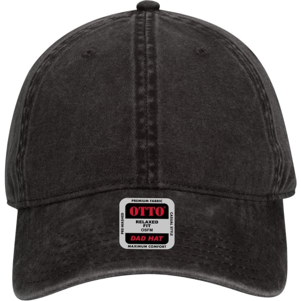 A black, low-profile dad cap featuring a stitched design and a logo label on the front.